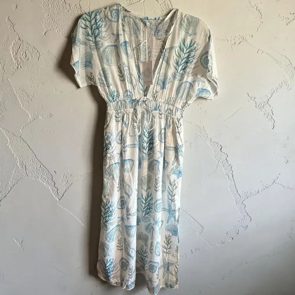 Blue Island Beach Cover Up Dress XS 100% Cotton Seashell Print White Blue